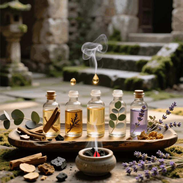 Esencias Puras, Energía Viva: Aceites Esenciales 100% Naturales para Bienestar Integral Frascos de vidrio oscuro con goteros conteniendo aceites esenciales naturales (sándalo, mirra, eucalipto y lavanda), dispuestos junto a ingredientes botánicos frescos y secos (hojas, resinas y flores), un quemador de incienso con carbón humeante y unas gotas de esencia cayendo suavemente —evocando pureza, tradición ancestral y poder terapéutico auténtico, sin aditivos ni químicos sintéticos.