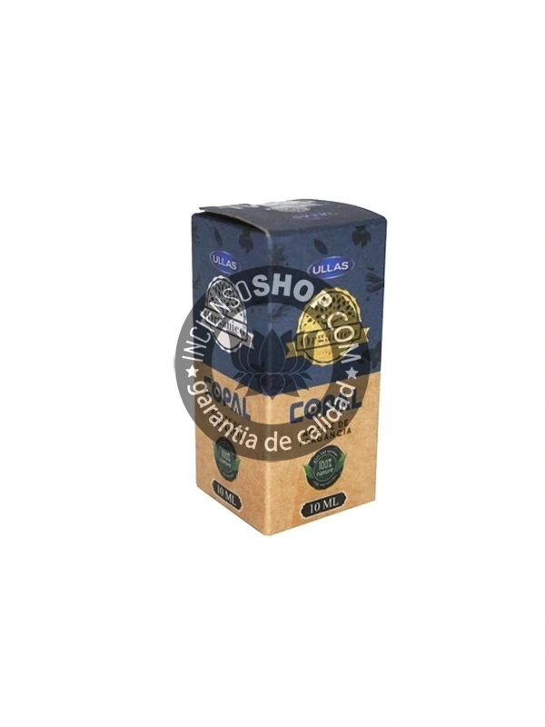 Aceite Copal de Ullass caja vista cenital aroma sagrado, resinoso y purificador que eleva el espíritu, facilita la conexión con lo divino y es excelente para la limpieza de energías estancadas en un espacio.