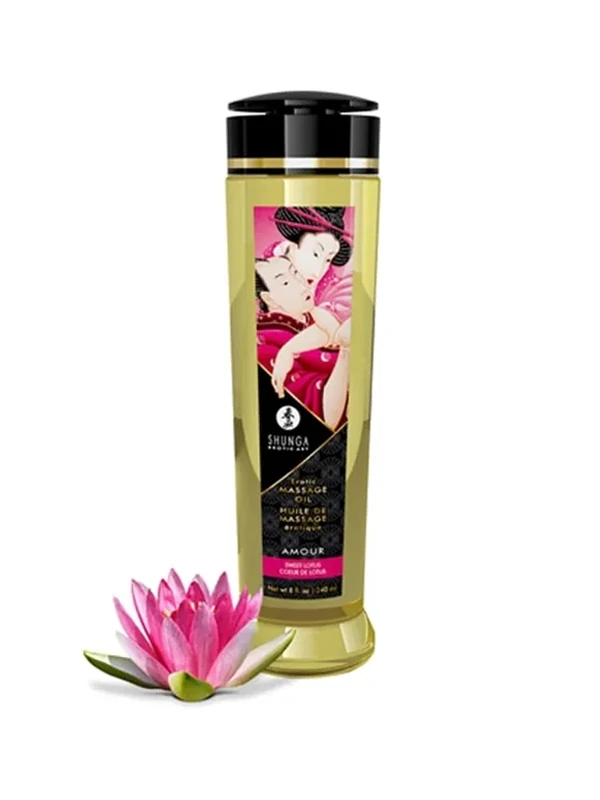 Aceite de masaje dulce de loto Shunga aroma floral suave y envolvente que hidrata la piel relaja la mente y potencia la sensualidad en masajes íntimos o de bienestar