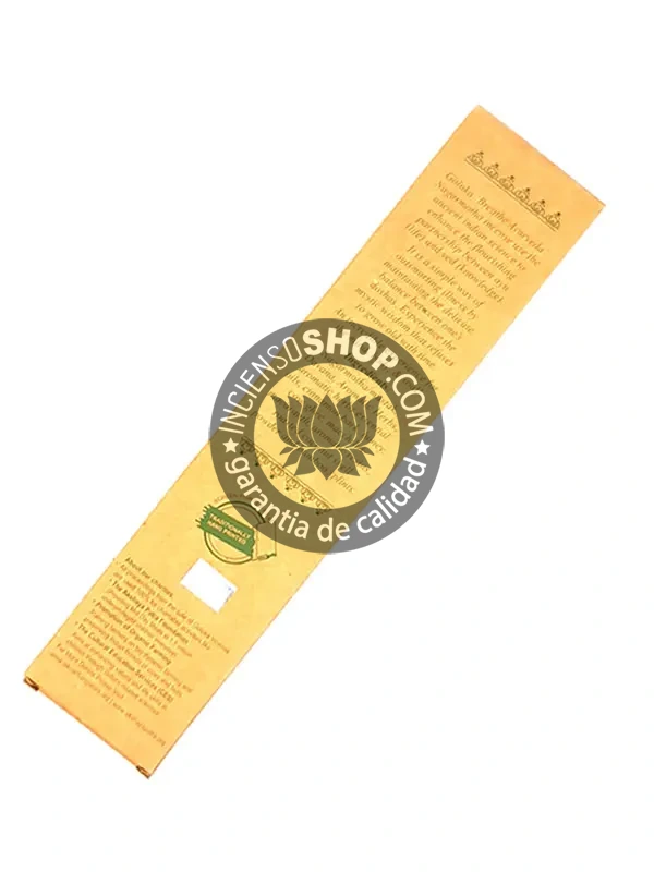 Incienso ayurvédico Goloka Nagarmota vista trasera aroma herbal intenso y especiado tradicional en rituales de purificación energética protección espiritual y equilibrio de los doshas según la medicina ayurvédica