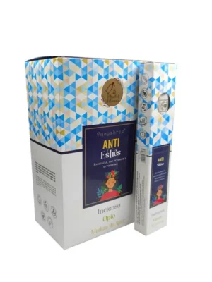 Incienso Anti Estrés Vijayshree — mezcla artesanal con opopónax, madera de ágar y resinas naturales, ideal para reducir el estrés, mejorar la autoestima y crear paz interior durante la meditación