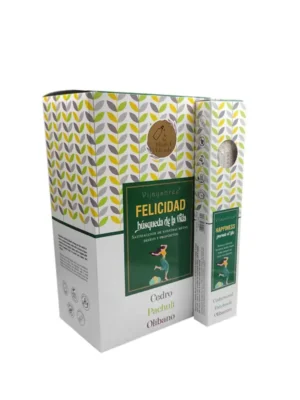 Incienso Felicidad Vijayshree — mezcla artesanal con cedro, pachulí y olibano, aroma profundo y motivador, ideal para meditación, rituales de propósito y conectar con tu alegría interior