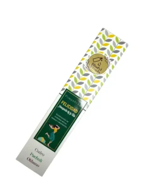 Varillas de incienso Felicidad Vijayshree — mezcla artesanal con cedro, pachulí y olibano, aroma terroso y motivador, ideal para meditación, rituales de propósito y conectar con tu alegría interior