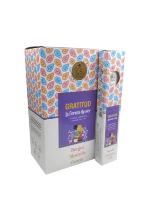 Incienso Gratitud Vijayshree — mezcla artesanal con benjuí, almizcle y canela, aroma cálido y reconfortante, ideal para meditación, rituales de gratitud y crear un ambiente de paz y alegría