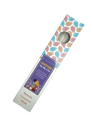 Varillas de incienso Gratitud Vijayshree — masala smudge con benjuí, canela y almizcle, aroma cálido y reconfortante, ideal para meditación, rituales de gratitud y crear momentos de paz y alegría