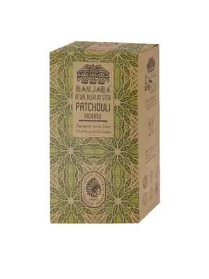 Incienso Patchouli Banjara — resina ritual sobre varilla, diseño artesanal con motivos ancestrales, ideal para meditación, purificación energética y conectar con la tierra
