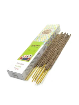 Varillas de incienso Vibraciones Positivas Vijayshree — mezcla artesanal con sándalo, vainilla y copal, aroma cálido y revitalizante, ideal para meditación, rituales de limpieza energética y elevar el estado de ánimo