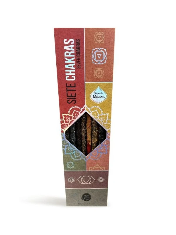 Caja de incienso artesanal “Siete Chakras” de Sagrada Madre, con varillas de resinas naturales infundidas con los colores y vibraciones de cada chakra — ideal para meditación, equilibrio energético, limpieza del aura y armonización del cuerpo sutil. Producto 100% natural, sin químicos, exclusivo en Incenseshop.online.