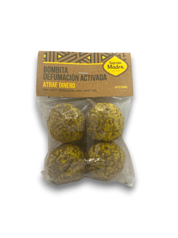 Bombitas de defumación artesanal “Atrae Dinero” de Sagrada Madre, hechas con resinas naturales como mirra, incienso, canela y pimienta — ideales para rituales de abundancia, limpieza energética y atracción de prosperidad. Perfectas para quemar en carbón o difusores, sin químicos ni aditivos. Producto exclusivo de Incenseshop.online.