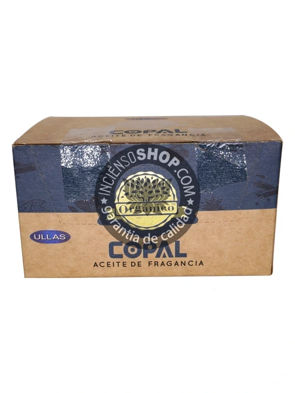 Aceite Copal de Ullass caja grande vista frontal aroma sagrado, resinoso y purificador, utilizado en rituales para limpiar el aura y el ambiente, facilitando la meditación y la protección espiritual.