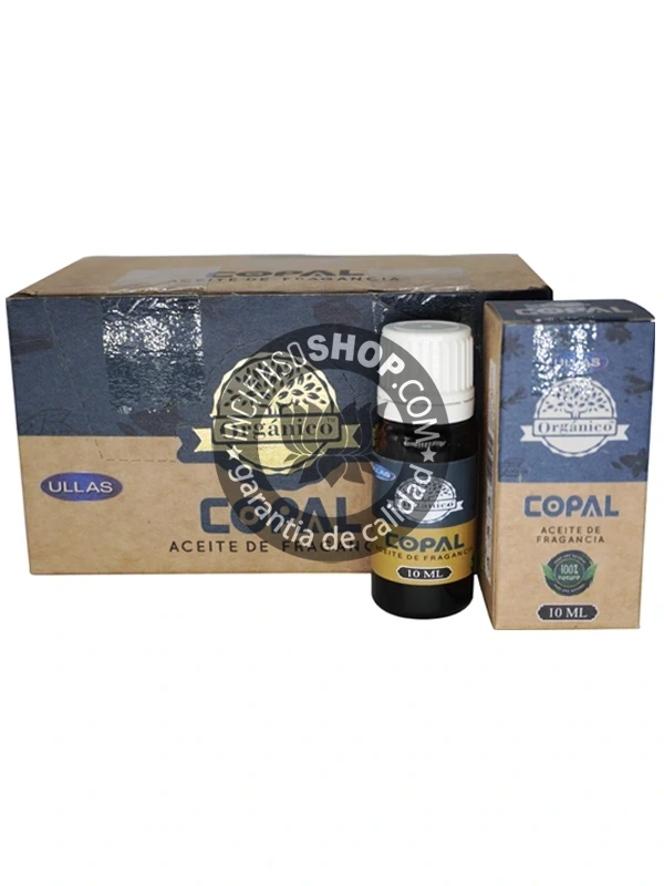 Aceite Copal de Ullass caja grande y producto aroma místico, ceremonial y purificador que eleva la vibración, aleja las energías negativas y facilita la conexión con planos superiores. Utilizado para consagrar y bendecir espacios.