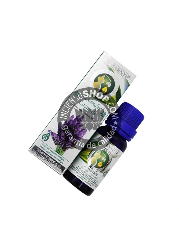 Aceite esencial de Lavanda Marnys caja y botella del producto vista cenital aroma floral fresco y dulce con matices herbáceos ideal para la relajación el equilibrio la calma la ayuda al sueño y el bienestar emocional.