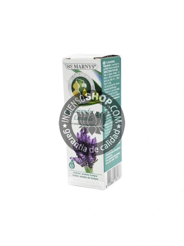 Aceite esencial de Lavanda Marnys caja vista de frente en posición vertical con el logotipo y nombre del producto aroma floral fresco y dulce con matices herbáceos ideal para la relajación el equilibrio la calma la ayuda al sueño y el bienestar emocional.