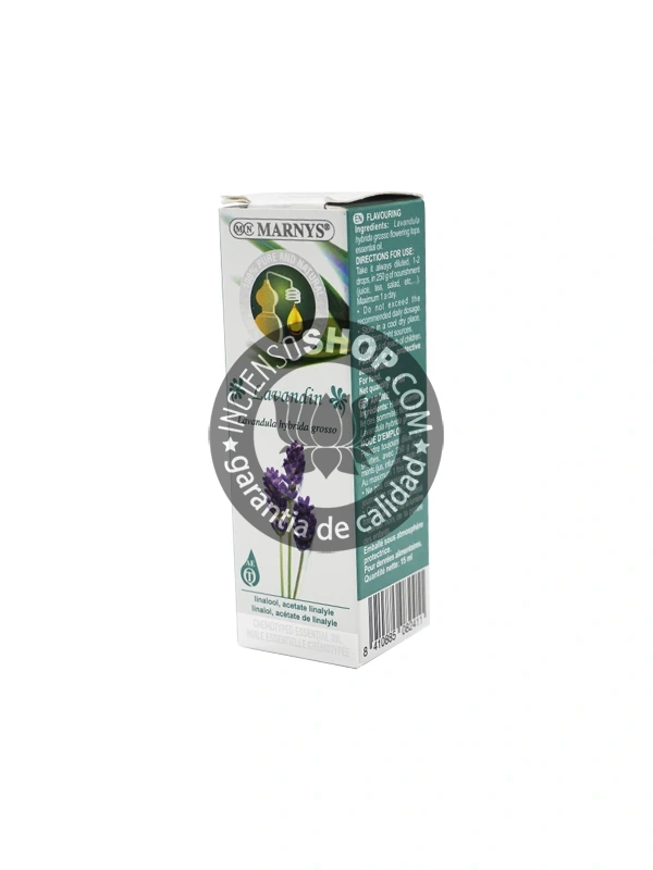 Aceite Esencial Lavandín Marnys caja de pie vista frontal aroma de lavanda híbrida floral y alcanforado excelente para la relajación en aromaterapia aliviar dolores musculares leves y promover un ambiente de tranquilidad