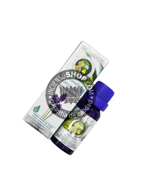 Aceite Esencial Lavandín Marnys caja abierta y botella vista cenital aroma floral fresco y dulce con propiedades calmantes y relajantes ideal para aliviar el nerviosismo mejorar la calidad del sueño y usar en masajes antiestrés