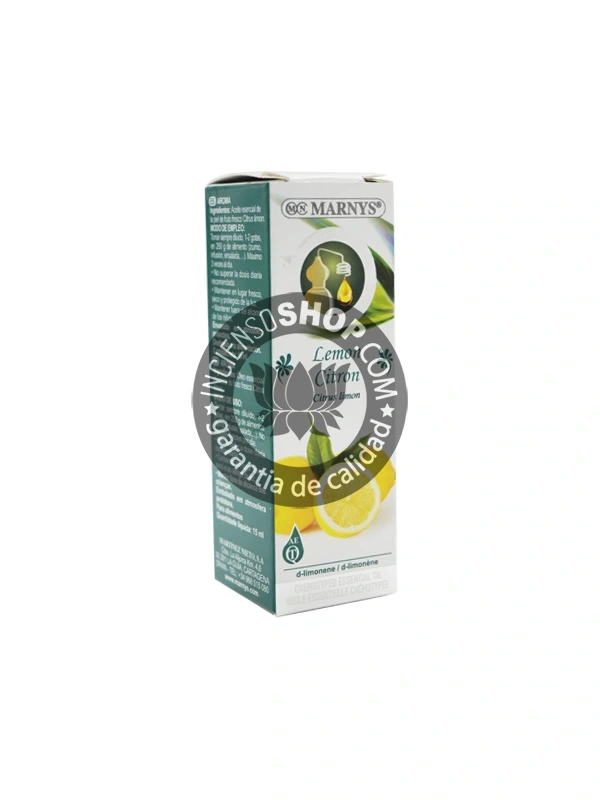 Aceite esencial de Limón Marnys caja vista de frente en posición vertical con el logotipo y nombre del producto aroma cítrico fresco vibrante y alegre ideal para la concentración la limpieza la purificación del ambiente la energía y el estado de ánimo positivo.