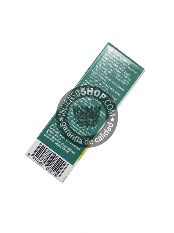 Aceite esencial de Limón Marnys caja vista por detrás mostrando el reverso del empaque con la descripción e información del producto aroma cítrico fresco vibrante y alegre ideal para la concentración la limpieza la purificación del ambiente la energía y el estado de ánimo positivo.