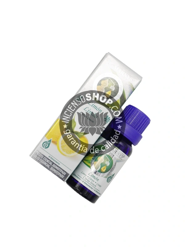 Aceite esencial de Limón Marnys caja y botella del producto vistas de frente en posición vertical aroma cítrico fresco vibrante y alegre ideal para la concentración la limpieza la purificación del ambiente la energía y el estado de ánimo positivo.