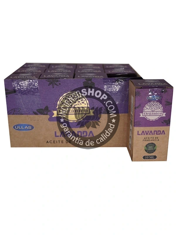 Aceite Lavanda de Ullass caja con producto aroma dulce y sedante que armoniza los espacios y favorece el descanso profundo promueve la calma y es ideal para rituales de relajación antes de dormir