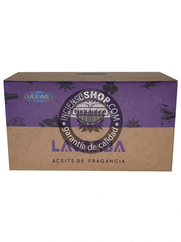 Aceite Lavanda de Ullass caja de frente aroma limpio y floral que ayuda a la meditación a la concentración y a la limpieza energética de baja frecuencia fomenta un estado de paz y serenidad