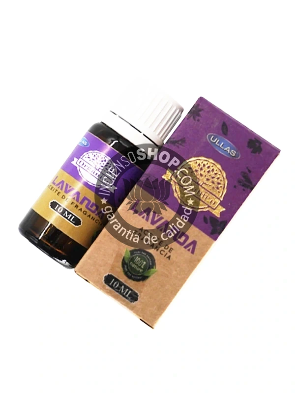 Aceite Lavanda de Ullass caja y unidad aroma floral suave y calmante con grandes propiedades relajantes que alivian el estrés la ansiedad y el insomnio ideal para equilibrar los chakras y crear un ambiente de paz