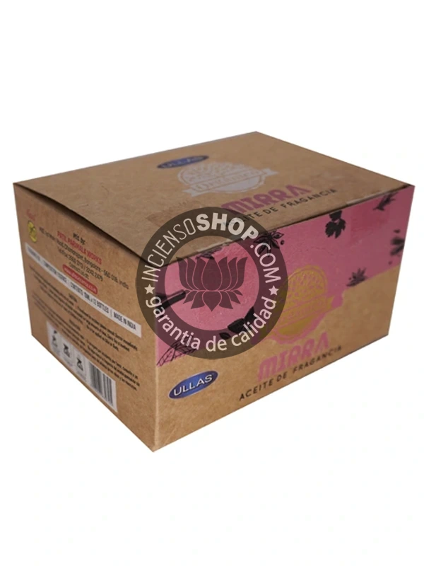 Aceite Mirra de Ullass caja de lado aroma resinoso y protector ideal para la limpieza energética la consagración y la meditación profunda facilita la conexión con lo divino y la sanación