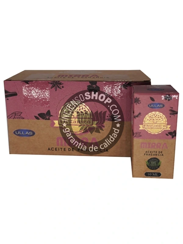 Aceite Mirra de Ullass caja producto aroma denso y místico utilizado para la purificación espiritual la protección energética y la profundización de la práctica meditativa ideal para crear ambientes sagrados