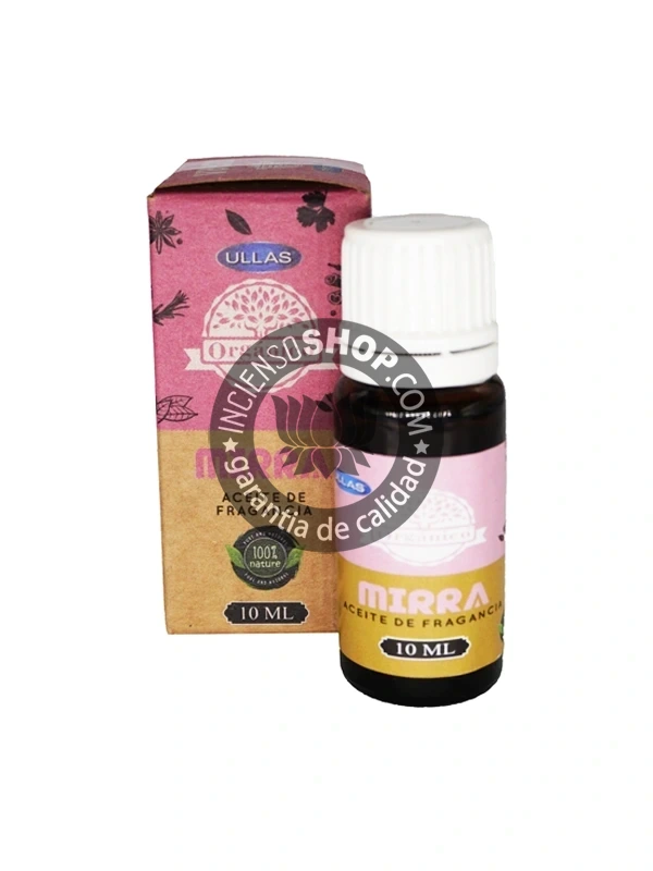 Aceite Mirra de Ullass caja y bote de pie aroma balsámico resinoso y ligeramente dulce que promueve la sanación la meditación profunda y la elevación de la vibración espiritual ideal para rituales de ofrenda y purificación