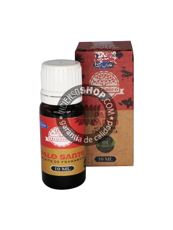 Aceite Palo Santo de Ullass caja y botella de pie aroma amaderado, dulce y resinoso, tradicionalmente utilizado para la purificación, atraer la prosperidad y fomentar la conexión espiritual. Ideal para difusores.