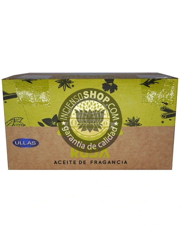 Aceite Ruda de Ullass caja de frente aroma intenso y protector, ideal para alejar el mal de ojo y las malas vibraciones. Fomenta un escudo energético alrededor del hogar y sus habitantes, utilizado en rituales de despojo.