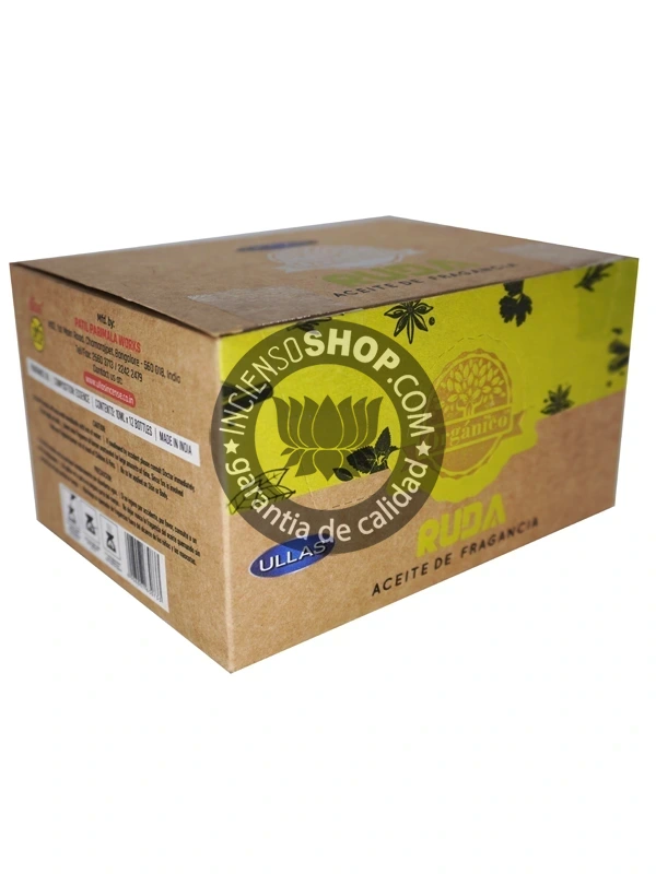 Aceite Ruda de Ullass caja de lado aroma intenso, herbal y purificador, conocido por ser un potente protector contra las energías negativas y las envidias. Fomenta la seguridad y el bienestar en el ambiente.