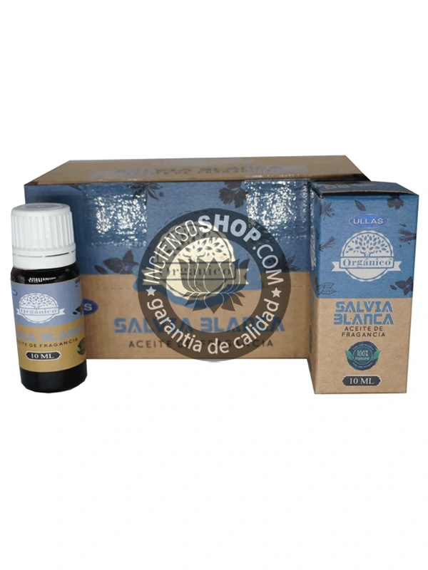 Aceite Salvia Blanca de Ullass caja con productos aroma fresco y herbal que limpia y neutraliza las energías estancadas promoviendo un ambiente de armonía y claridad espiritual excelente para rituales de limpieza energética