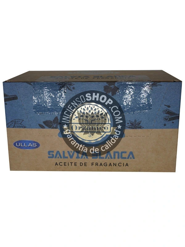 Aceite Salvia Blanca de Ullass caja de frente aroma purificador y penetrante de salvia blanca natural ideal para rituales de comienzo de ciclo o para refrescar el campo energético de personas y espacios