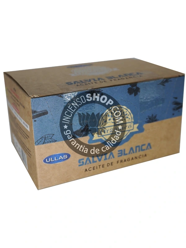 Aceite Salvia Blanca de Ullass caja de lado aroma potente de salvia blanca que facilita la expulsión de entidades no deseadas promueve la protección espiritual y el bienestar emocional ideal para limpiezas profundas