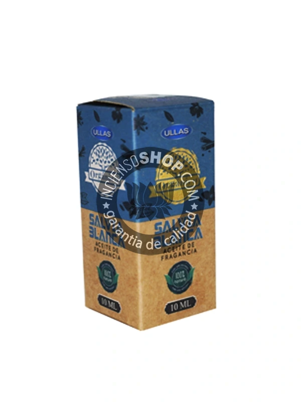 Aceite Salvia Blanca de Ullass caja de pie aroma herbal intenso con grandes propiedades de sanación y limpieza energética adecuado para proteger el hogar de vibraciones densas y establecer un círculo de seguridad