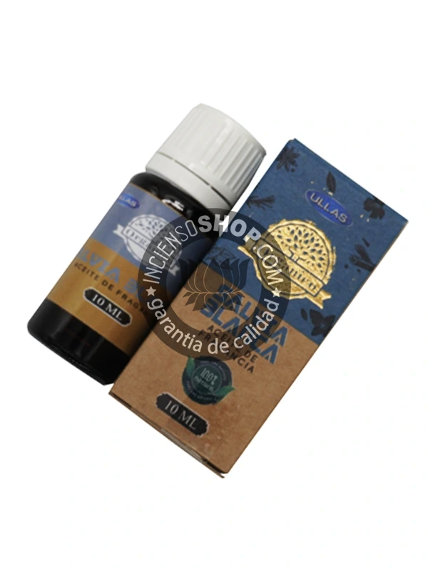 Aceite Salvia Blanca de Ullass caja y botella aroma herbal fresco y limpiador esencial para la purificación de ambientes objetos y el campo áurico elimina energías negativas y aporta claridad mental ideal para sahumar sin humo