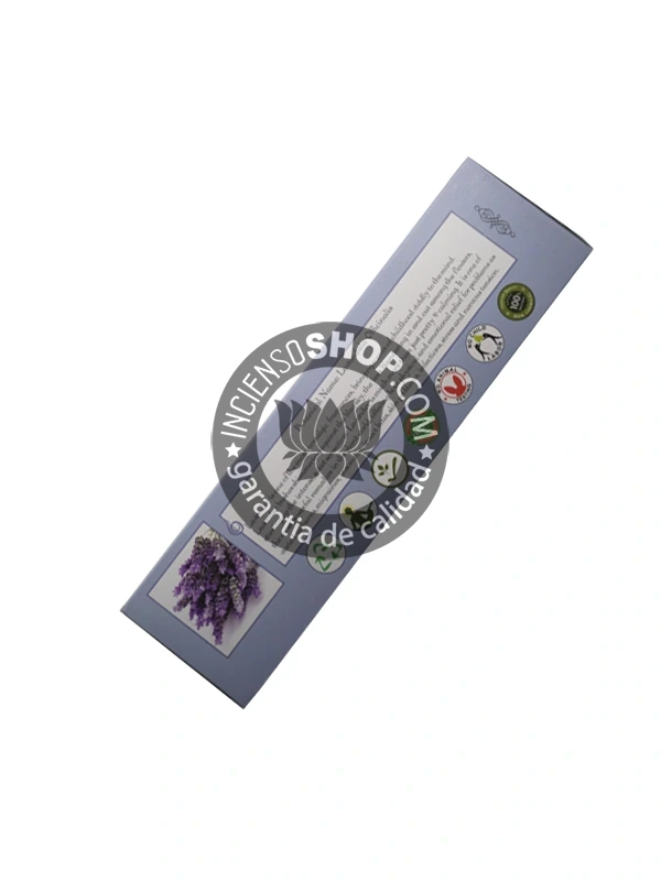 Caja de incienso de Aromaterapia Lavanda vista lateral copia aroma floral dulce y relajante ideal para reducir el estrés el insomnio y la ansiedad promoviendo un ambiente de calma y paz en rituales de equilibrio emocional