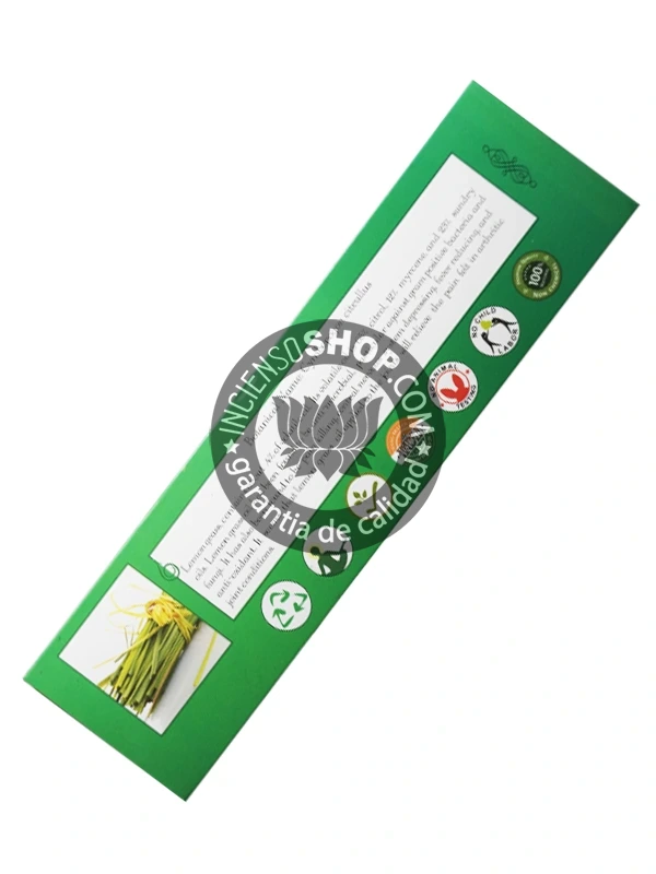 Caja de incienso de Aromaterapia Yerba de Limón vista por detras copia aroma cítrico fresco y revitalizante ideal para disipar la negatividad promover la claridad mental y elevar el estado de ánimo en rituales de limpieza y purificación energética