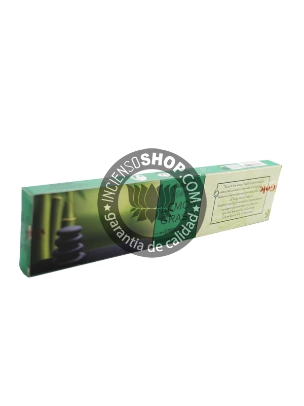 Incienso Aromaterapia Yerba de Limón (Lemongrass) paquete individual vista de frente aroma cítrico fresco y revitalizante ideal para limpiar el ambiente levantar el ánimo reducir la fatiga mental atraer la prosperidad y fomentar la concentración.