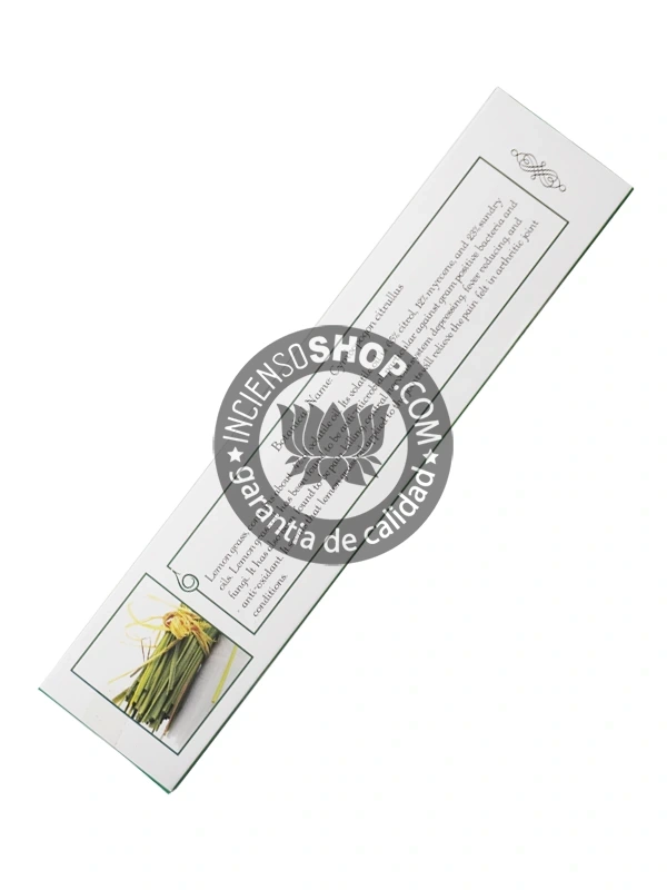 Incienso Aromaterapia Yerba de Limón (Lemongrass) paquete individual vista trasera mostrando la información en el empaque aroma cítrico fresco y revitalizante ideal para limpiar el ambiente levantar el ánimo reducir la fatiga mental y atraer la prosperidad.