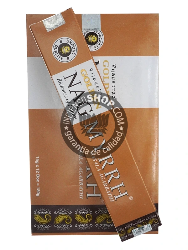 Caja de incienso Golden Nag Mirra varillas tridi aroma balsámico cálido y resinado ideal para meditación profunda rituales sagrados y purificación espiritual