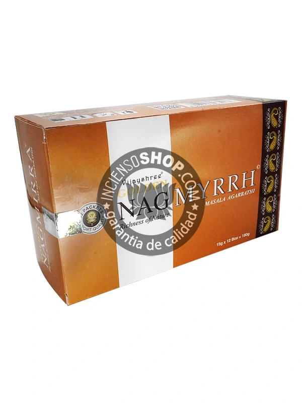 Caja de incienso Golden Nag Mirra varillas tridi aroma balsámico cálido y resinado ideal para meditación profunda rituales sagrados y purificación espiritual