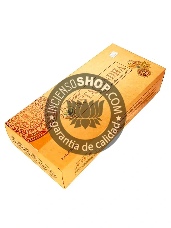 Caja detalle de incienso orgánico y ecológico Goloka Astagandha aroma terroso suave y ligeramente herbal ideal para reducir el estrés equilibrar el sistema nervioso y favorecer la relajación profunda en rituales de bienestar
