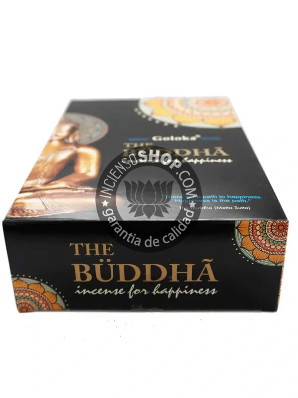 Caja Goloka Black Buddha vista frontal aroma místico y profundo ideal para meditación de alta concentración purificación de espacios y conexión con la energía búdica promueve la sabiduría y la paz interior