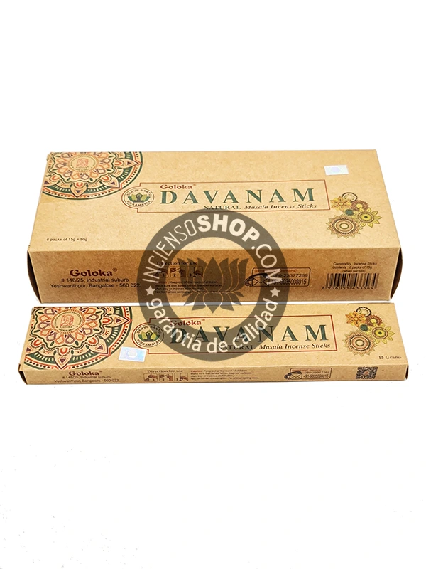 Caja de incienso orgánico Goloka con aroma de Davanam detalle del diseño artesanal fragancia floral exótica y dulce ideal para equilibrio emocional rituales de sanación y conexión espiritual