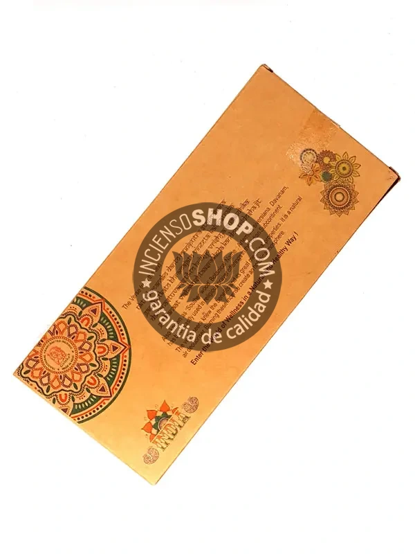 Caja de incienso orgánico Goloka con aroma de Davanam vista trasera fragancia floral exótica y dulce ideal para equilibrio emocional rituales de sanación y conexión espiritual