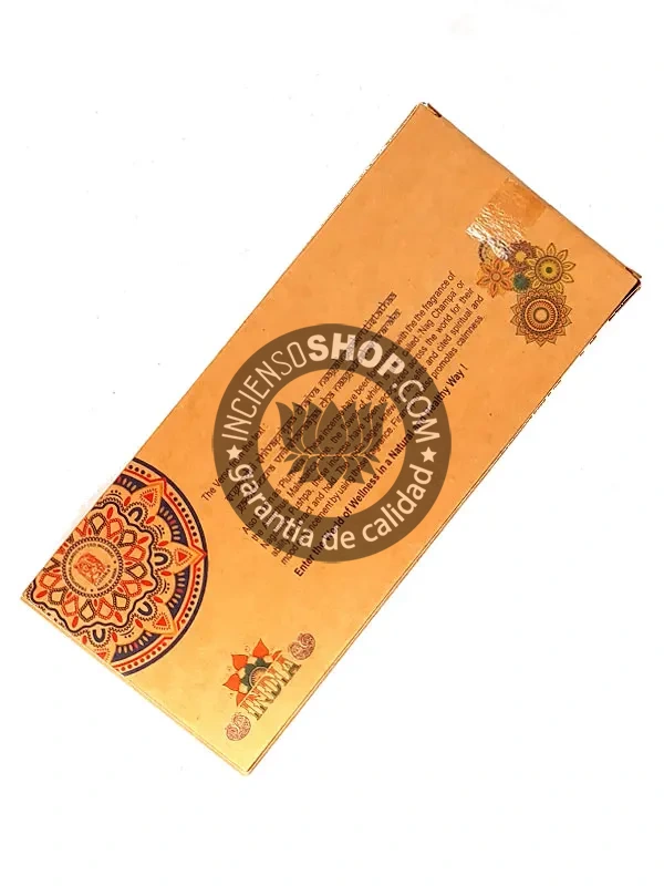 Caja de incienso orgánico Goloka con aroma de frangipani vista trasera diseño tantra press ideal para ambientes relajantes rituales espirituales y meditación con fragancia floral tropical