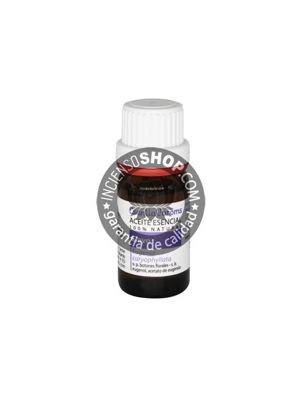 Aceite esencial de Clavo Esential Aroms botella vista de frente con la etiqueta aroma cálido especiado intenso y dulce ideal para la protección la estimulación la concentración la energía y el ambiente purificación.