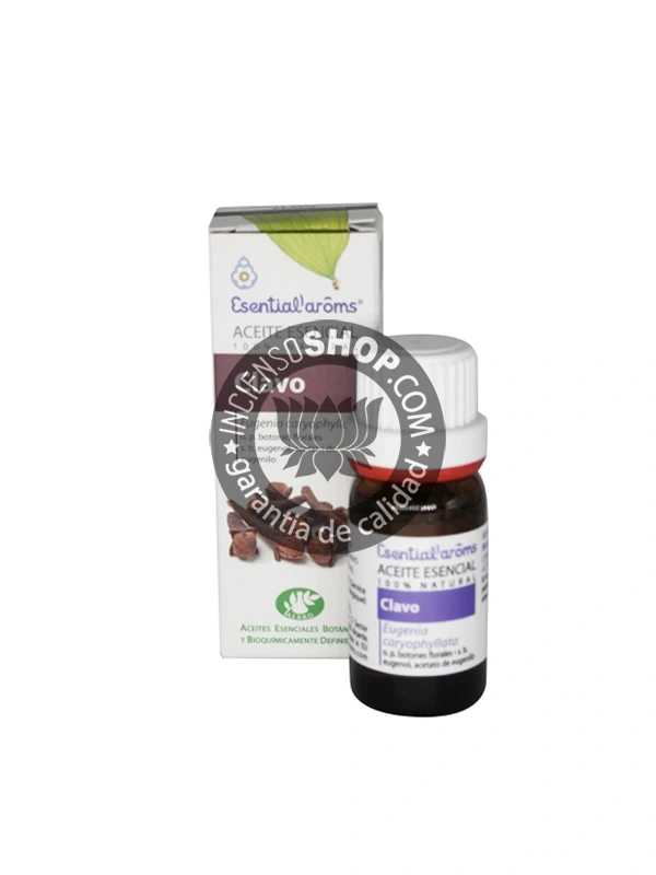 Aceite esencial de Clavo Esential Aroms caja y botella del producto vistas de frente en posición vertical aroma cálido especiado intenso y dulce ideal para la protección la estimulación la concentración la energía y el ambiente purificación.