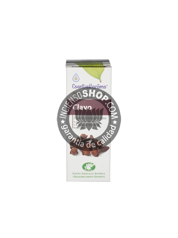 Aceite esencial de Clavo Esential Aroms caja vista de frente en posición vertical con el logotipo y nombre del producto aroma cálido especiado intenso y dulce ideal para la protección la estimulación la concentración la energía y el ambiente purificación.